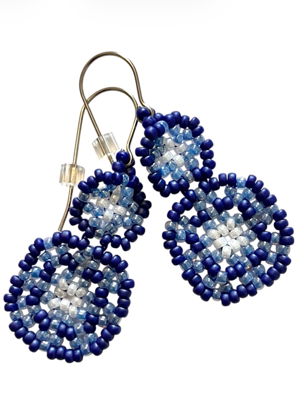 Handmade Miyuki Blue Pearl Mandala Drop Beaded Statement Earrings Surgical Steel